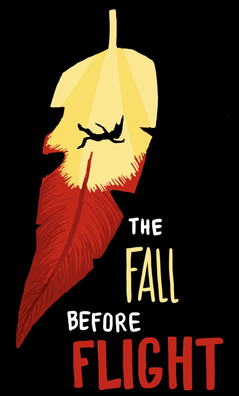 Cover of The Fall Before Flight by Liza Beth: a gold-and-red feather falling through black, with a small figure tumbling inside it